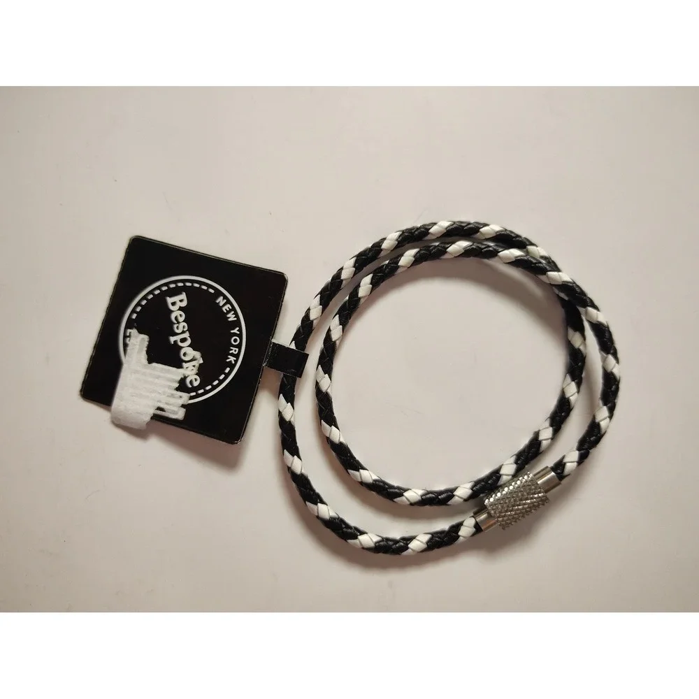 Bespoke New York Mens Black‎ White Braided Leather Wrap Bracelet 6BB1-3001 NWT